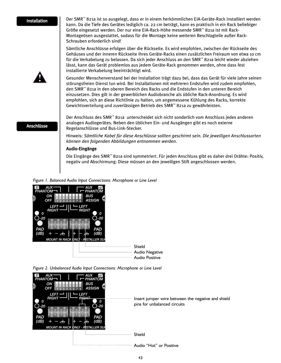 Peavey SMRTM 821a user manual Installation Anschlüsse, Balanced Audio Input Connections Microphone or Line Level 