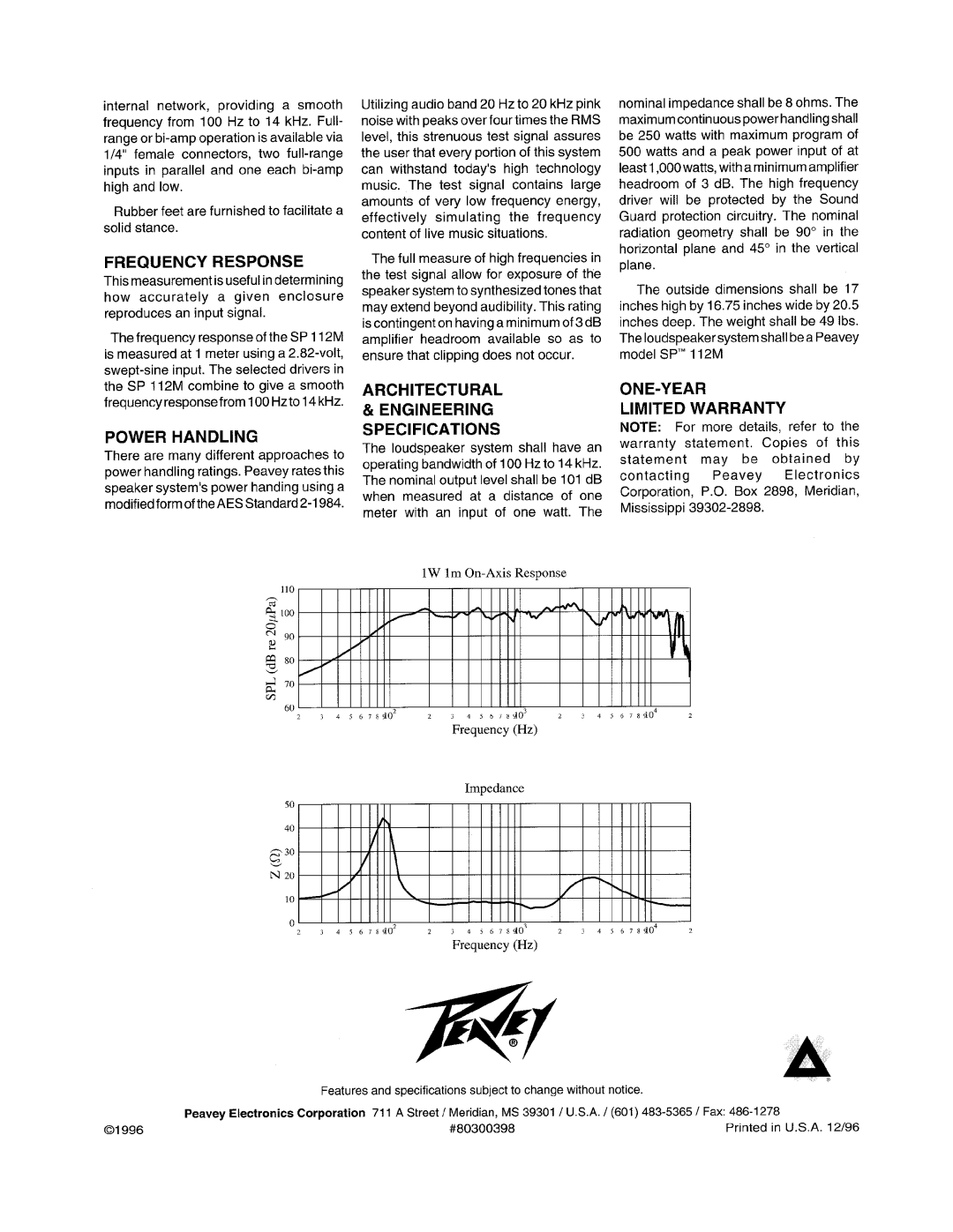 Peavey SP 112M manual 