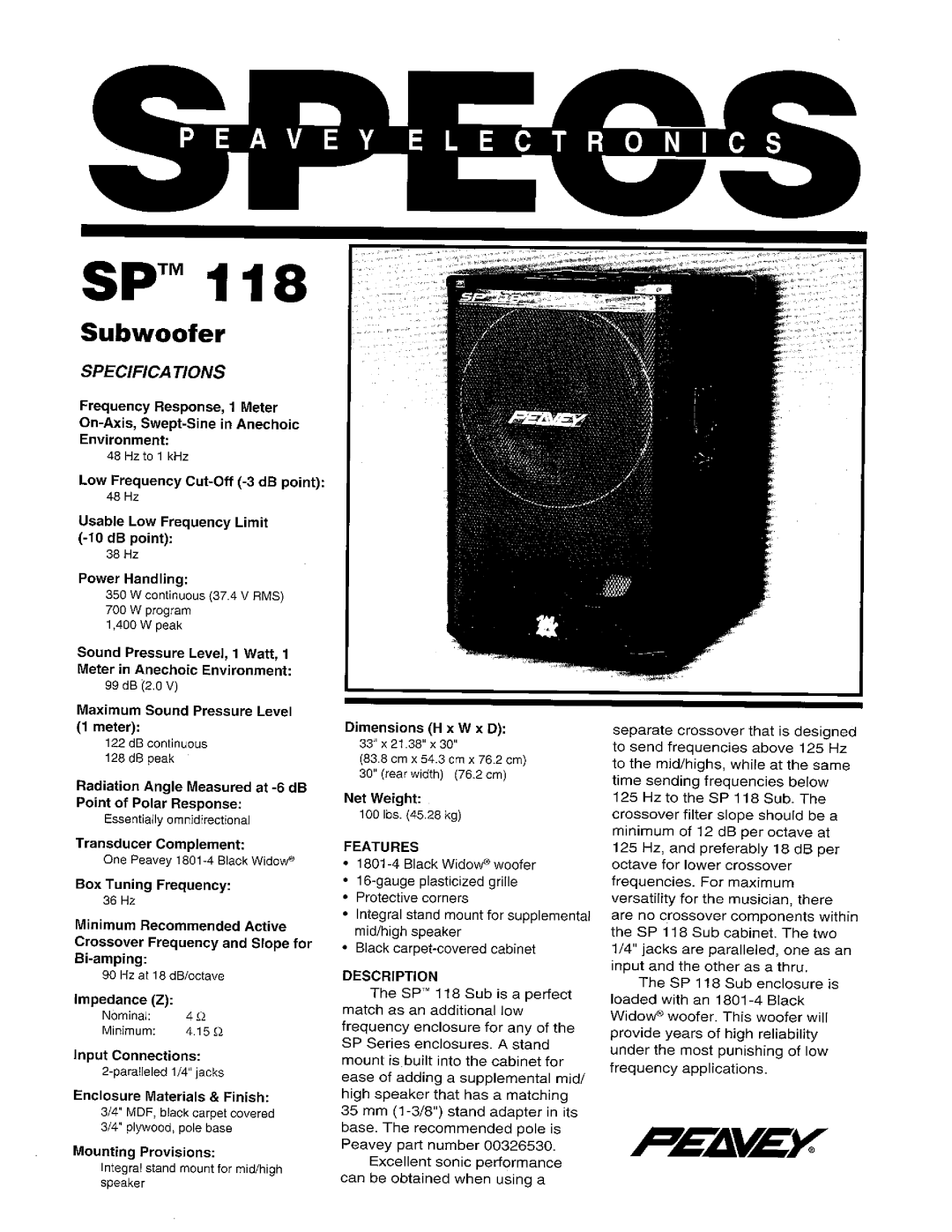 Peavey SP 118 manual 