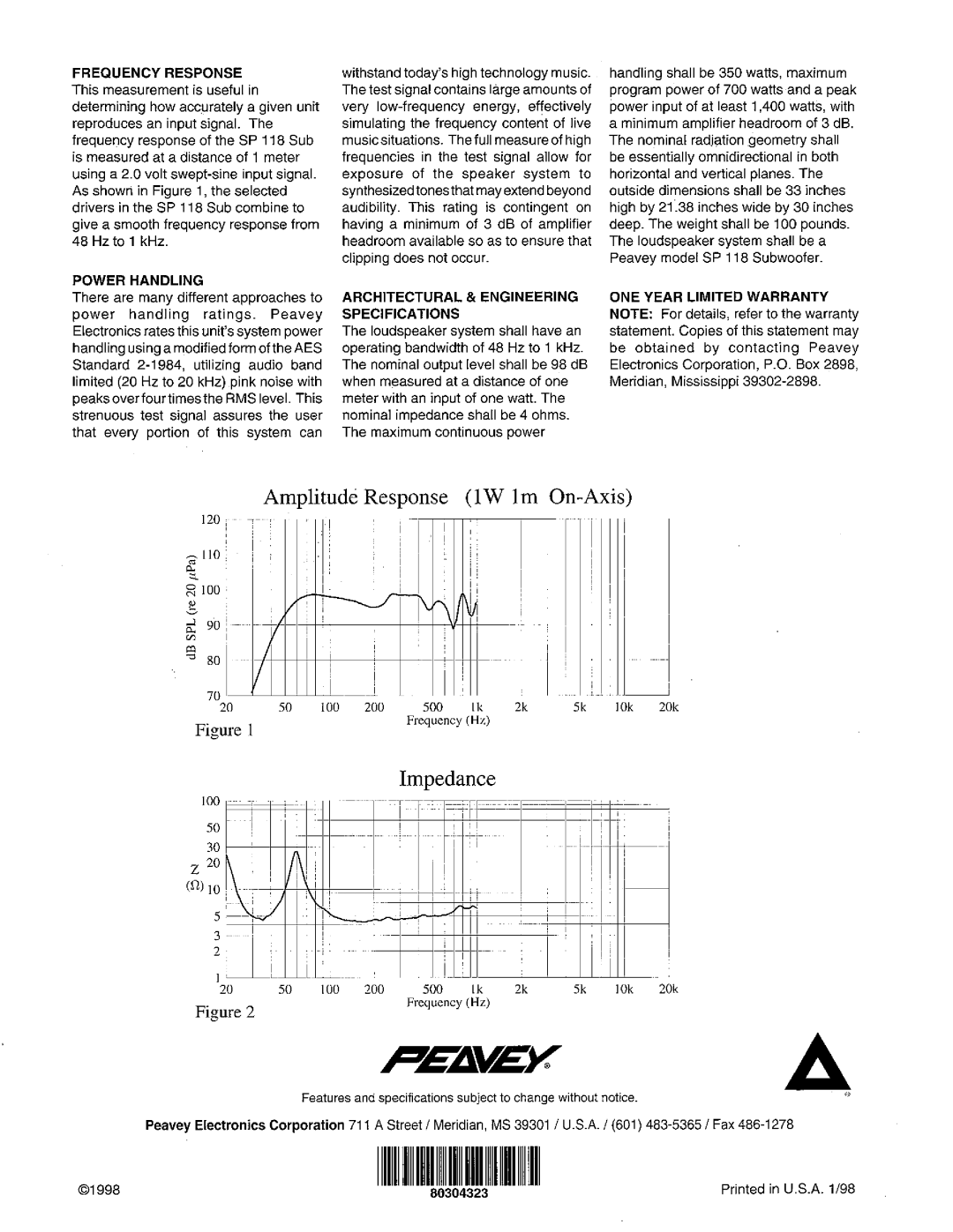 Peavey SP 118 manual 