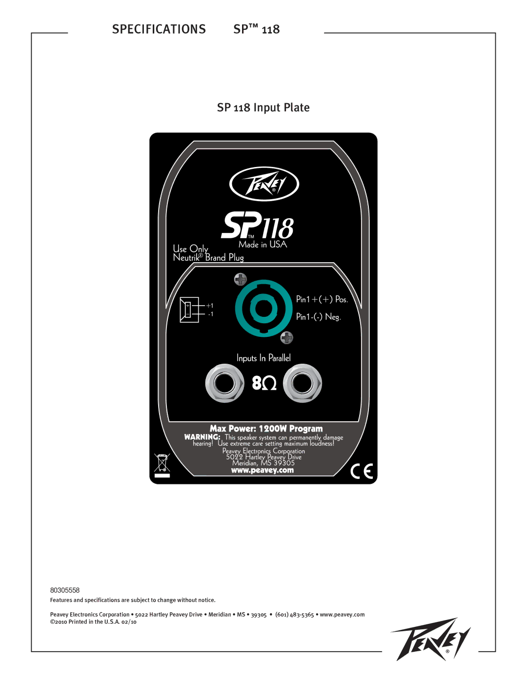 Peavey specifications SP 118 Input Plate 