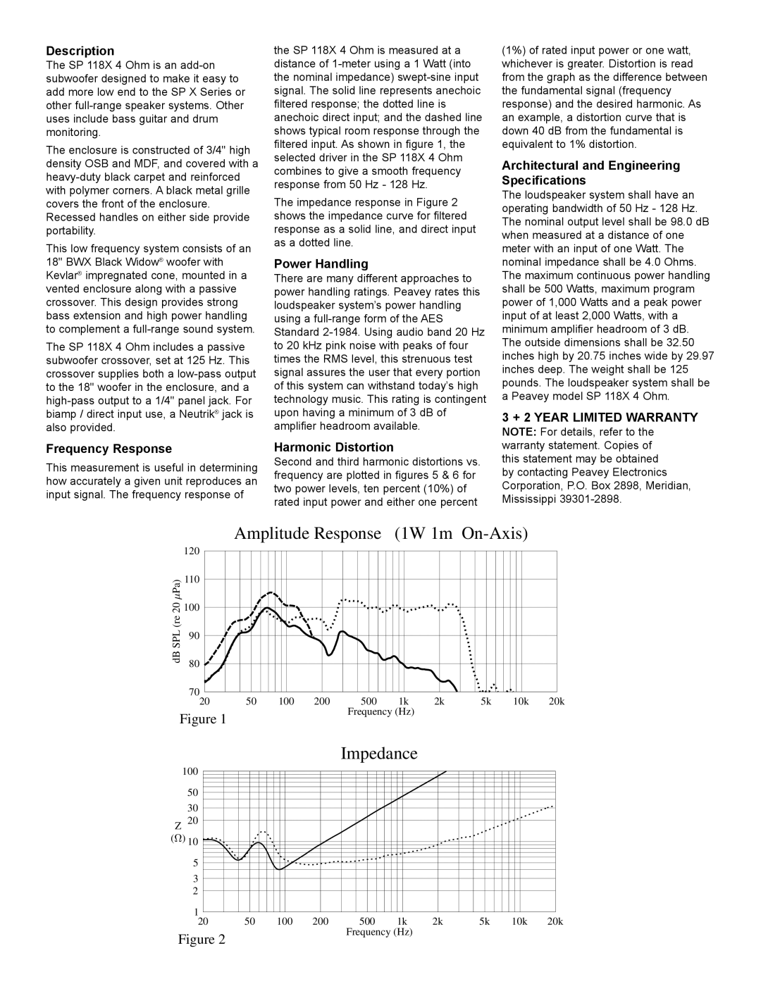 Peavey SP 118X specifications Description, Frequency Response, Architectural and Engineering Specifications 