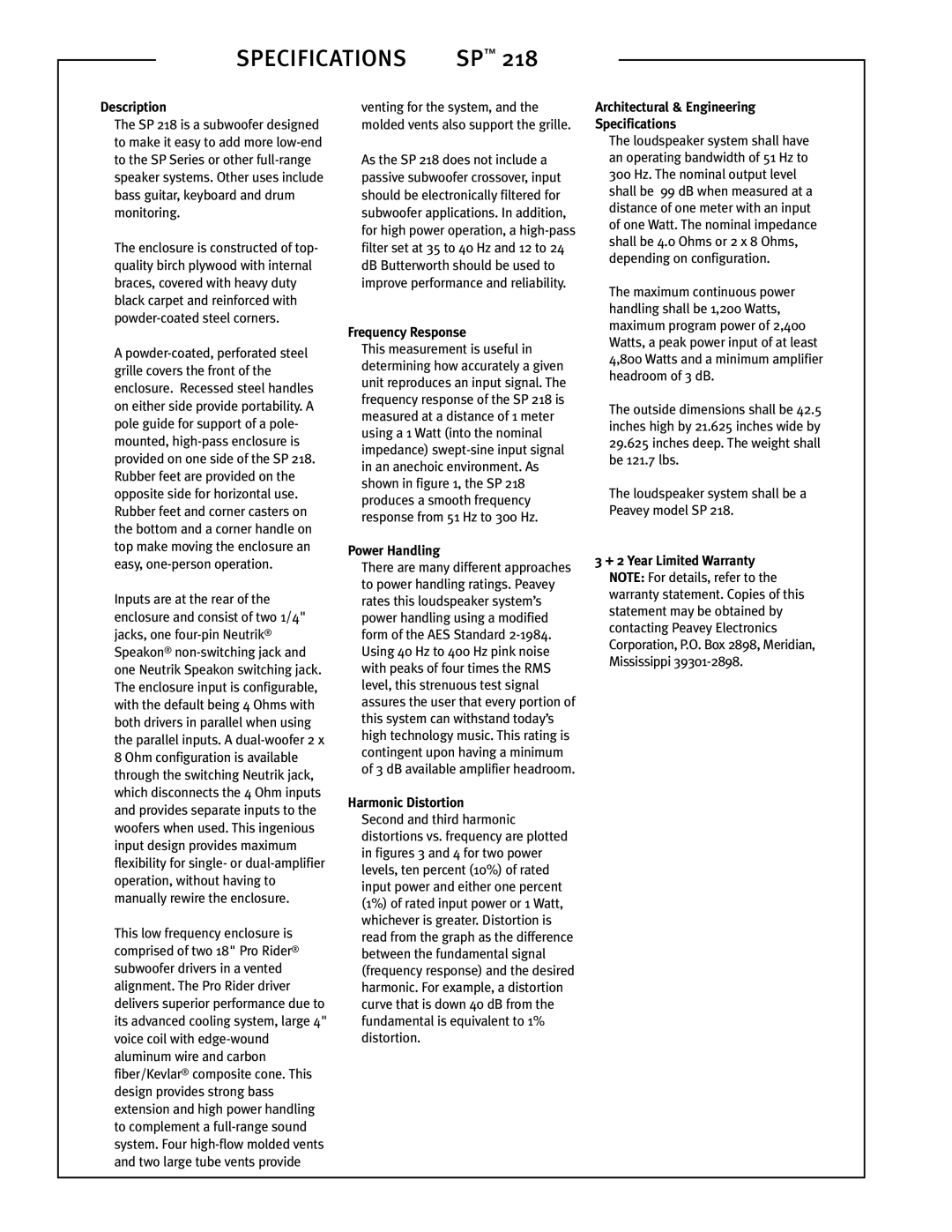 Peavey SP 218 dimensions Description, Frequency Response, Architectural & Engineering Specifications 