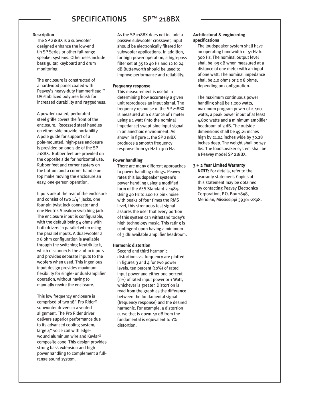 Peavey SP 218BX dimensions Description, Frequency response 