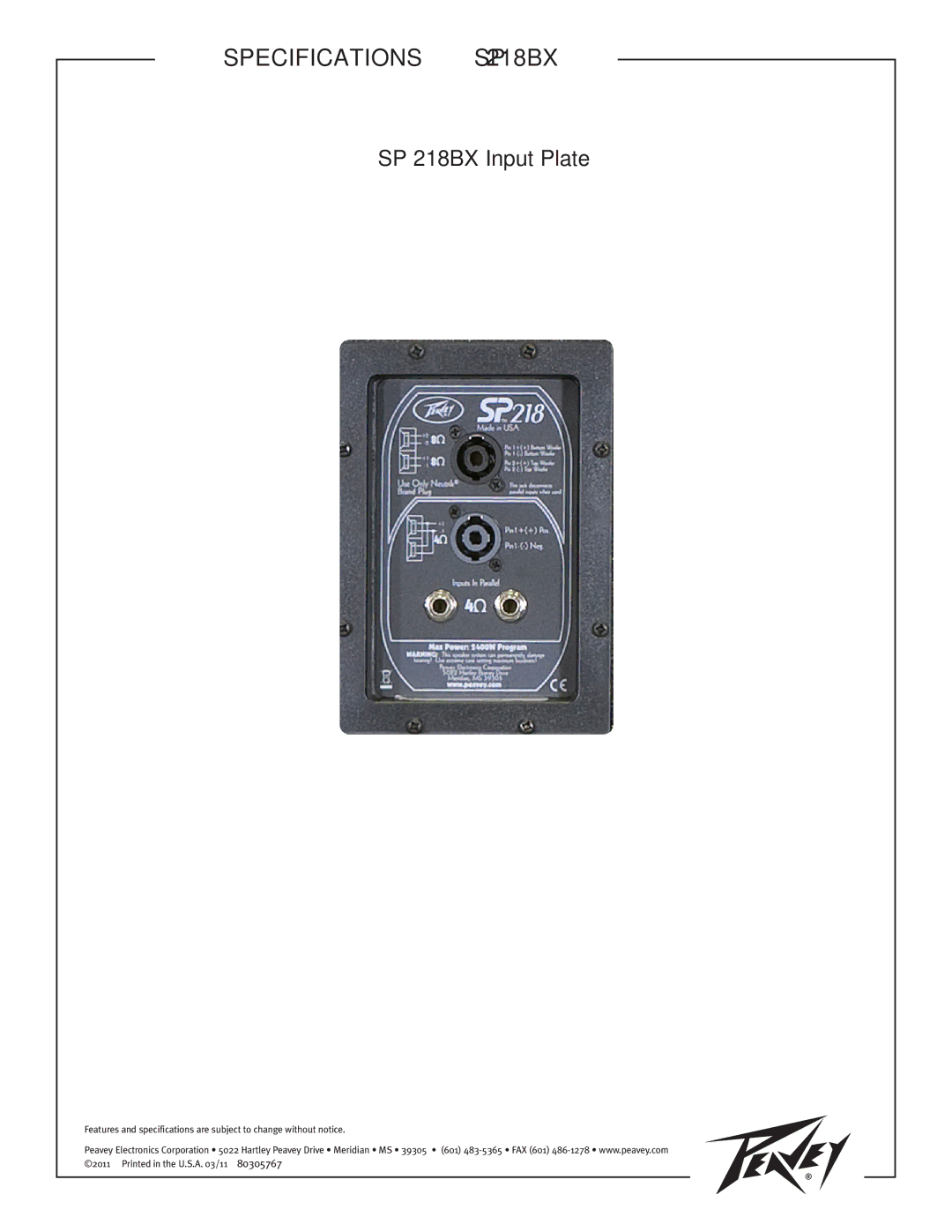 Peavey dimensions SP 218BX Input Plate 