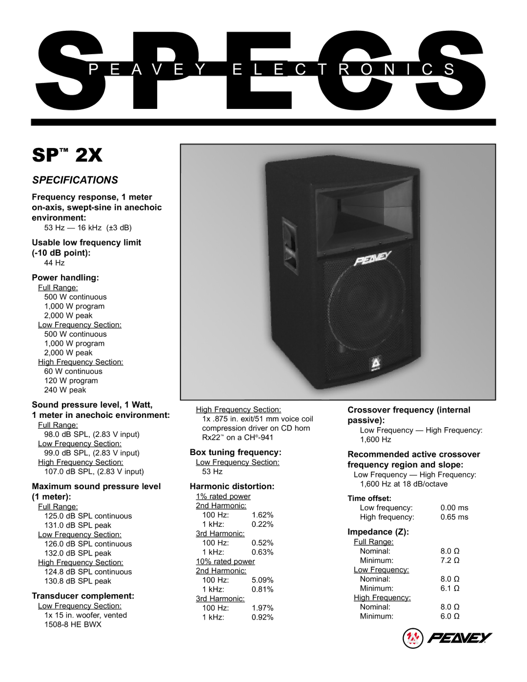 Peavey SP 2X specifications Usable low frequency limit -10 dB point, Power handling, Maximum sound pressure level 1 meter 