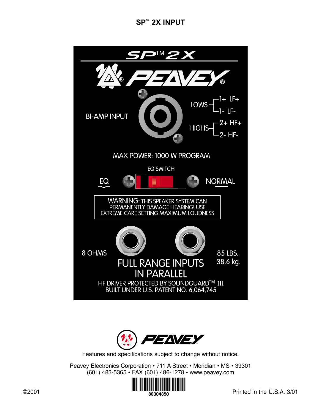 Peavey specifications SP 2X Input 