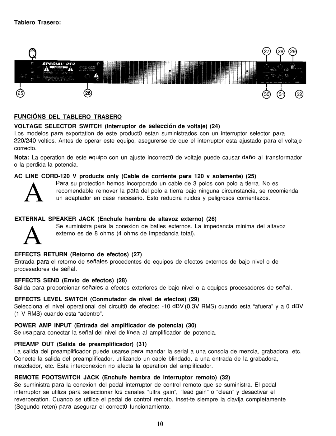 Peavey Special 212 manual Funcicns DEL Tablero Trasero 