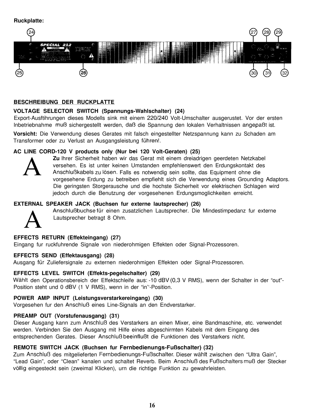 Peavey Special 212 manual Beschreibung DER Ruckplatte 