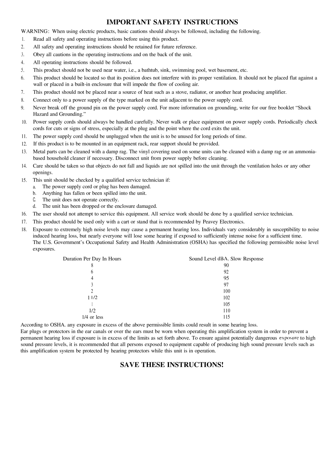 Peavey Special 212 manual Important Safety Instructions 