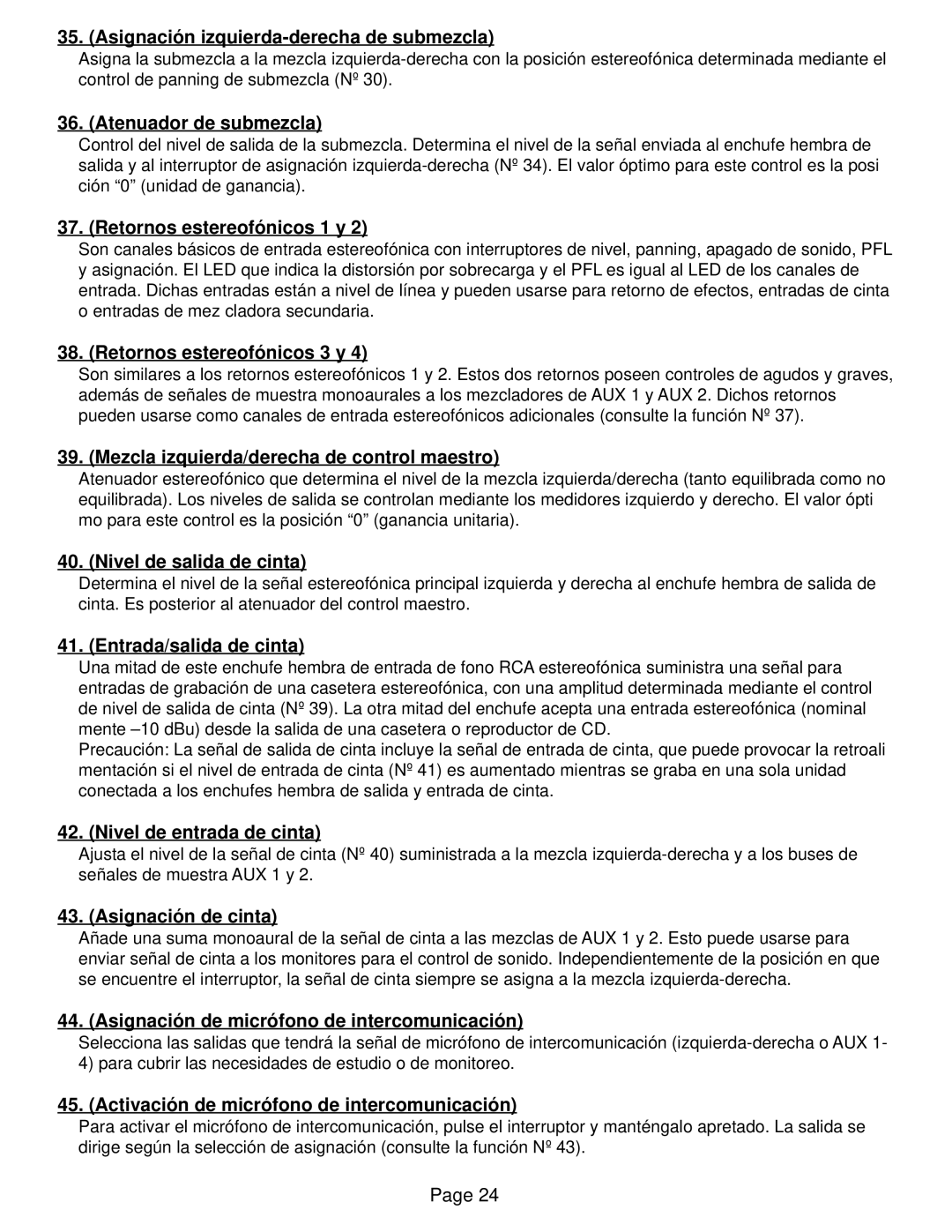 Peavey SRC 4026 FC Asignación izquierda-derecha de submezcla, Atenuador de submezcla, Retornos estereofónicos 1 y 