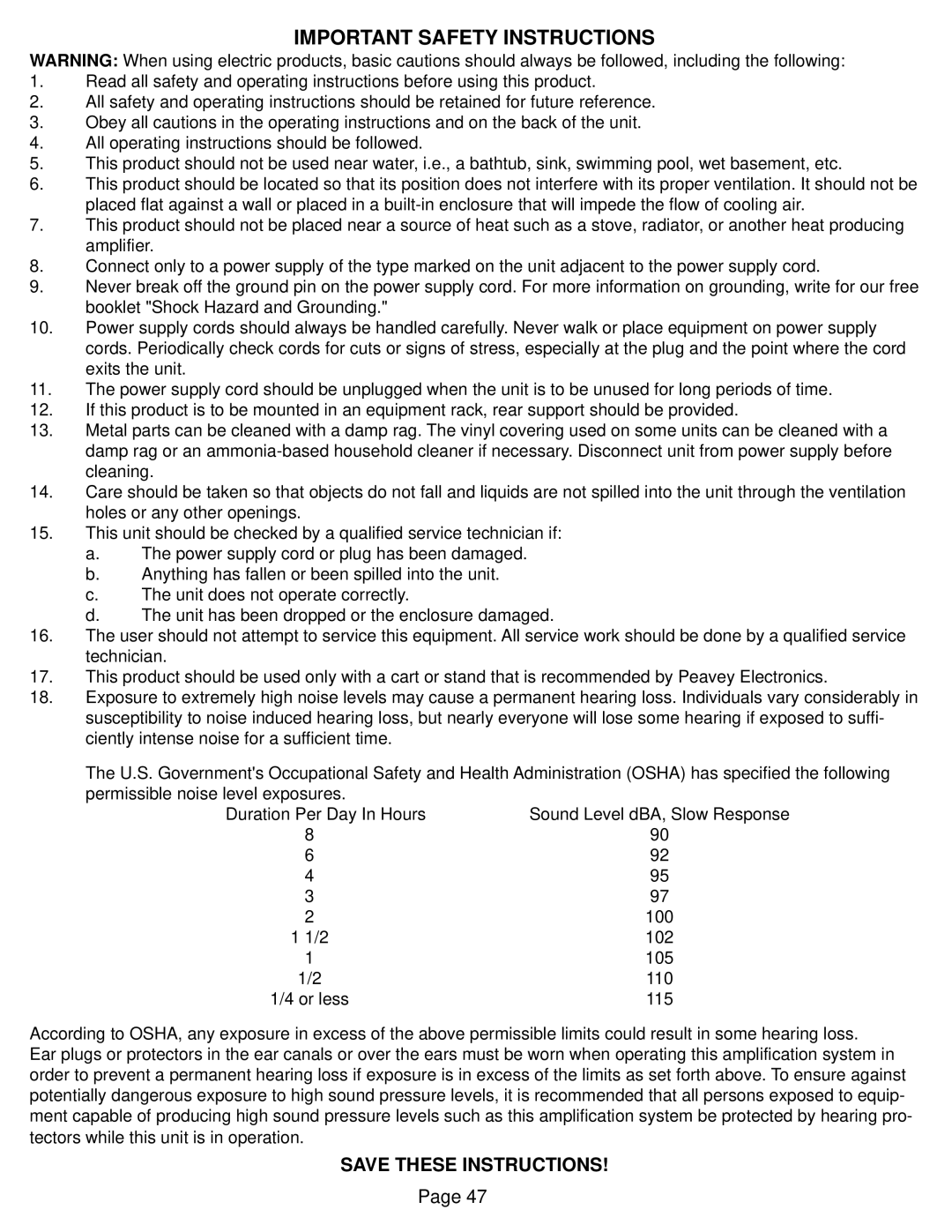 Peavey SRC 4018 FC, SRC 4026 FC, SRC Series, SRC 4034 FC owner manual Important Safety Instructions 