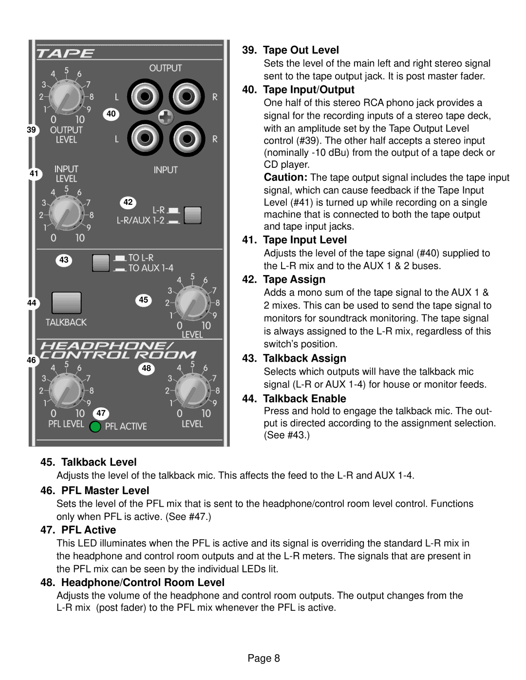 Peavey SRC 4026 FC Tape Out Level, Tape Input/Output, Tape Input Level, Tape Assign, Talkback Assign, Talkback Enable 