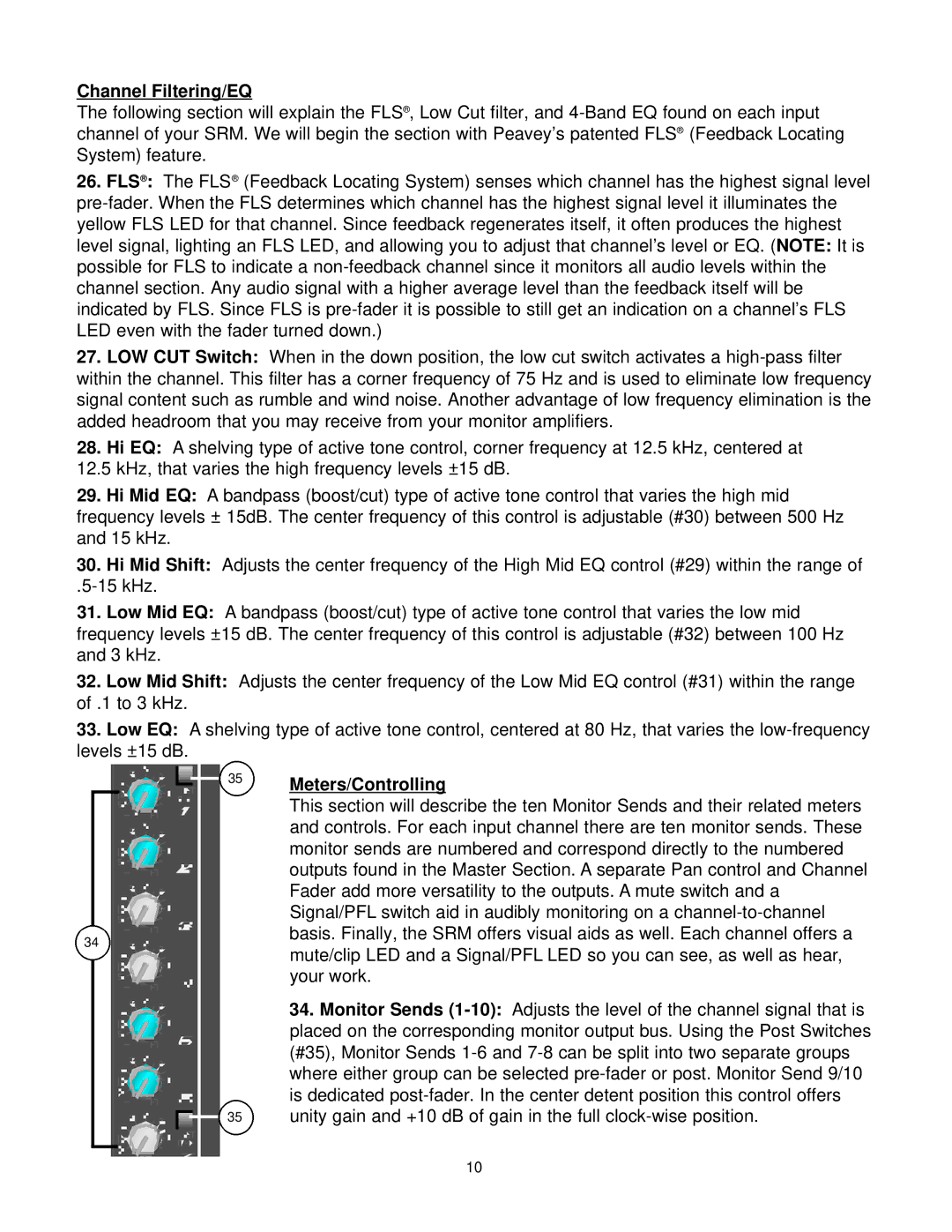 Peavey SRM Series owner manual Channel Filtering/EQ, Meters/Controlling 