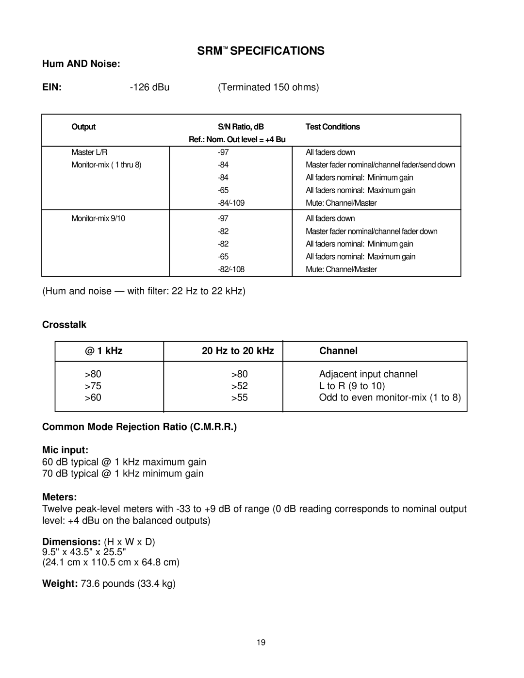 Peavey SRM Series Hum and Noise, Crosstalk @ 1 kHz Hz to 20 kHz Channel, Common Mode Rejection Ratio C.M.R.R Mic input 