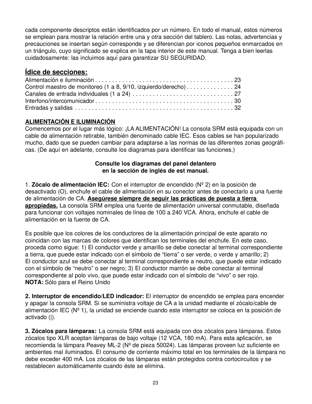 Peavey SRM Series owner manual Ídice de secciones, Alimentación E Iluminación 