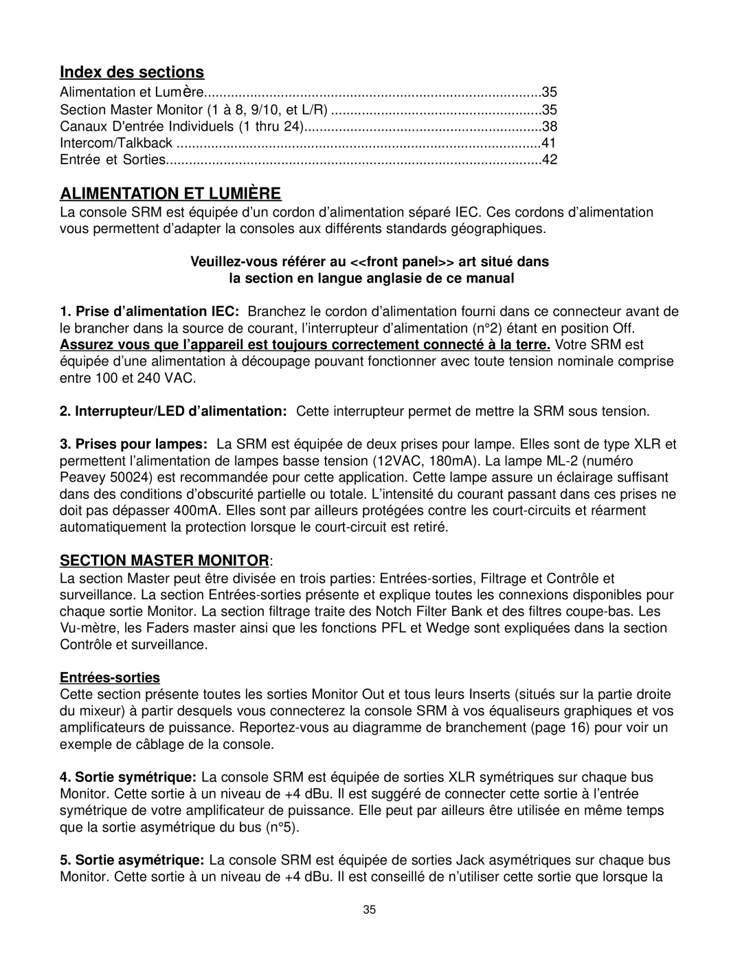 Peavey SRM Series owner manual Index des sections, Section Master Monitor, Entrées-sorties 