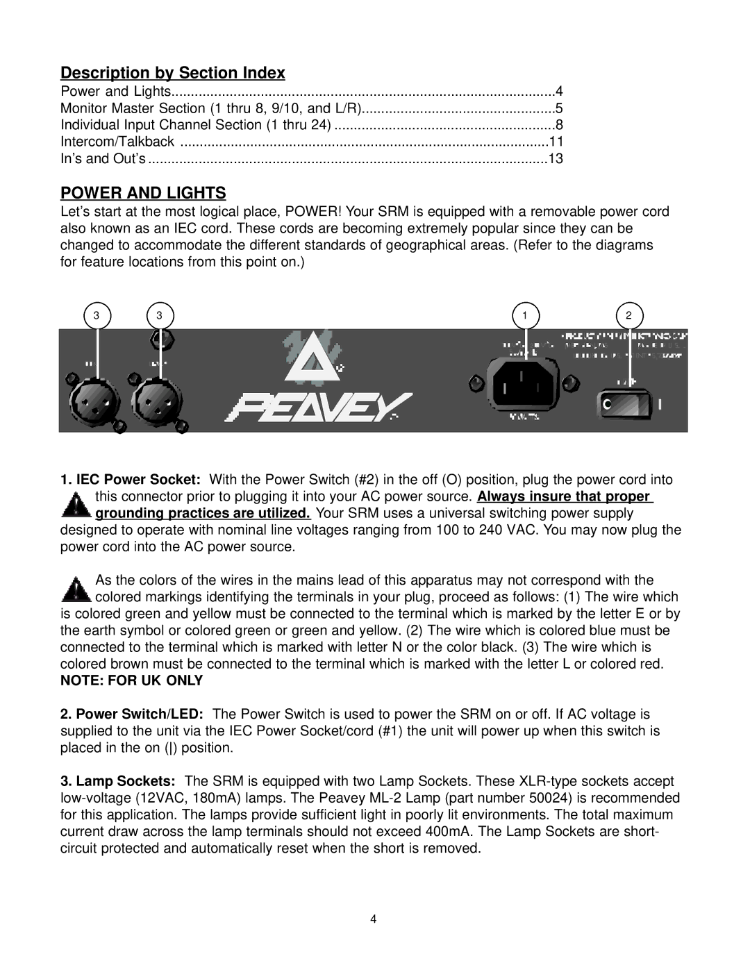 Peavey SRM Series owner manual Description by Section Index, Power and Lights 