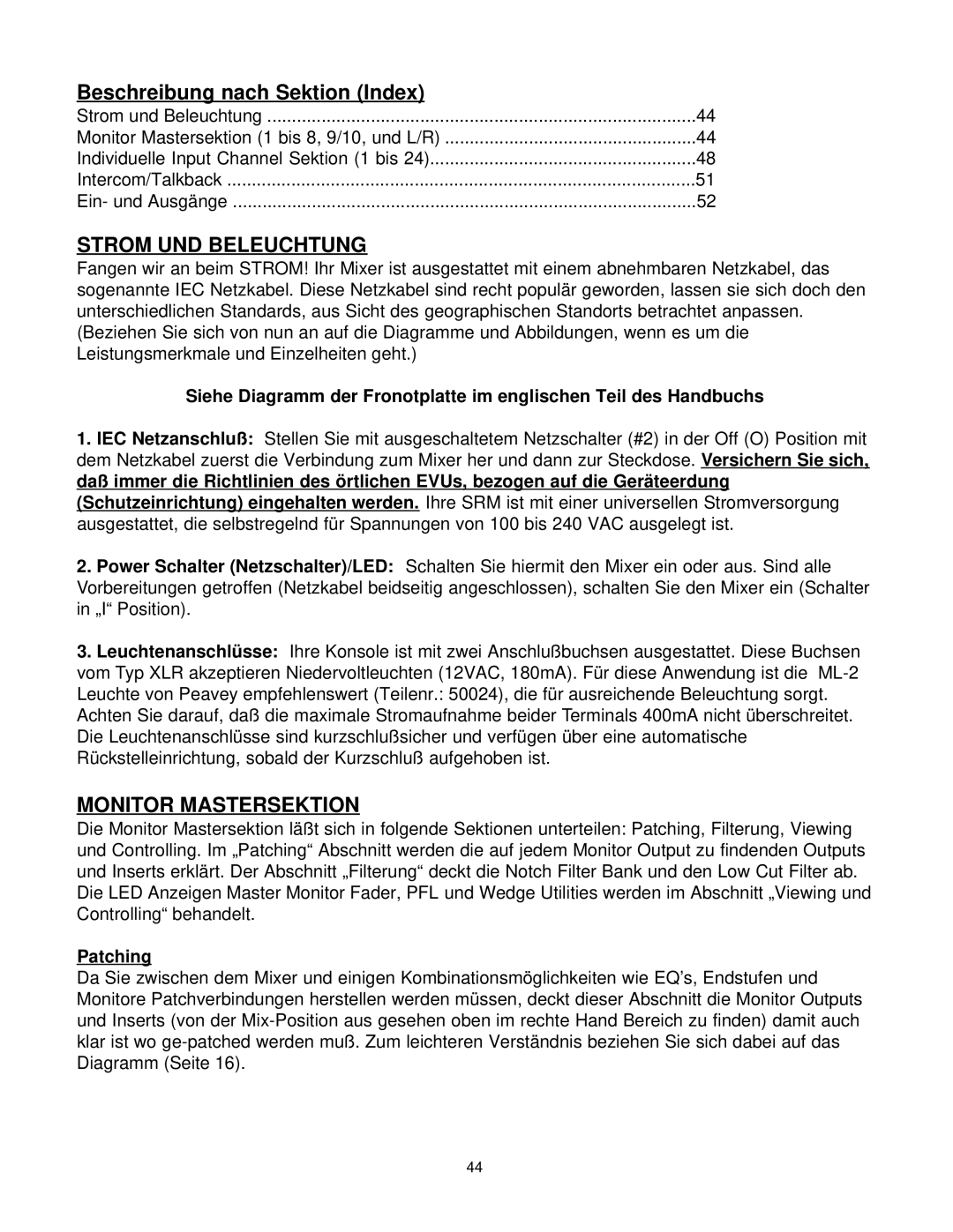 Peavey SRM Series owner manual Beschreibung nach Sektion Index, Strom UND Beleuchtung 