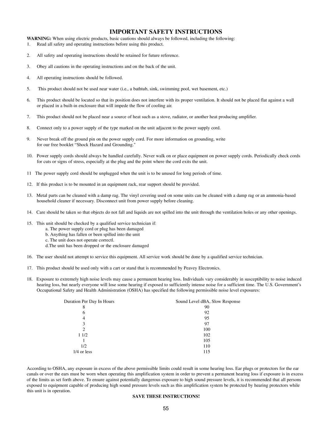 Peavey SRM Series owner manual Important Safety Instructions 