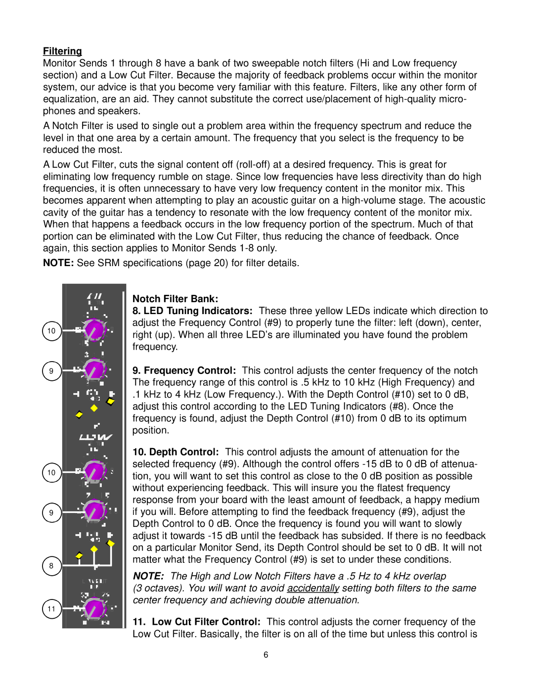 Peavey SRM Series owner manual Filtering, Notch Filter Bank 