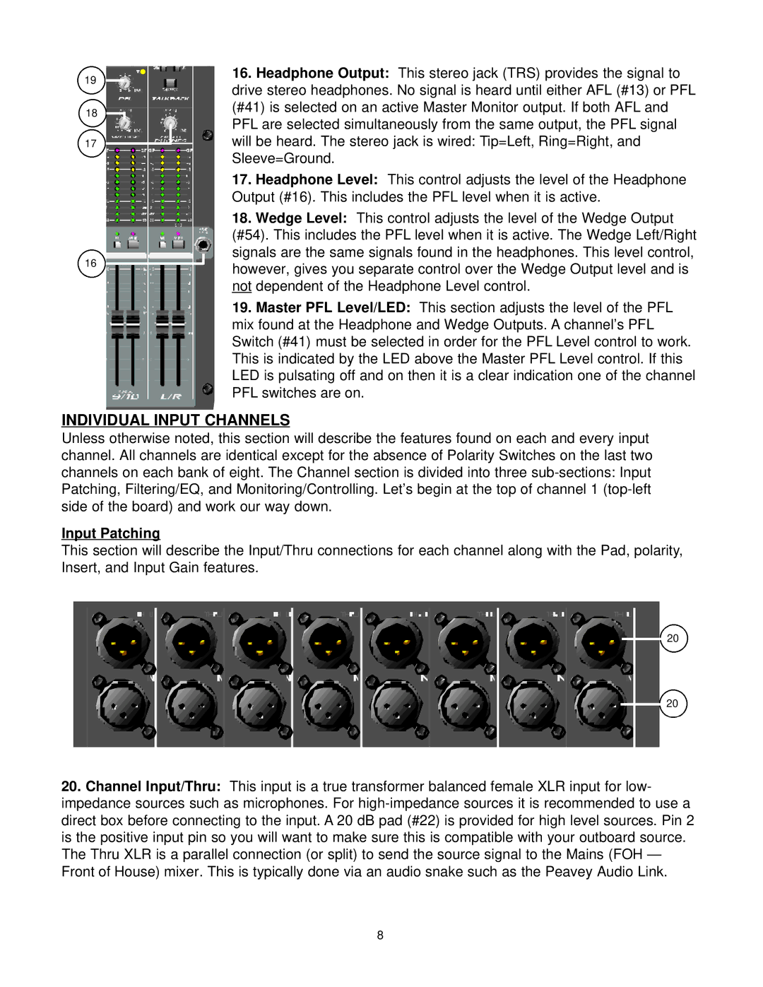 Peavey SRM Series owner manual Individual Input Channels, Input Patching 