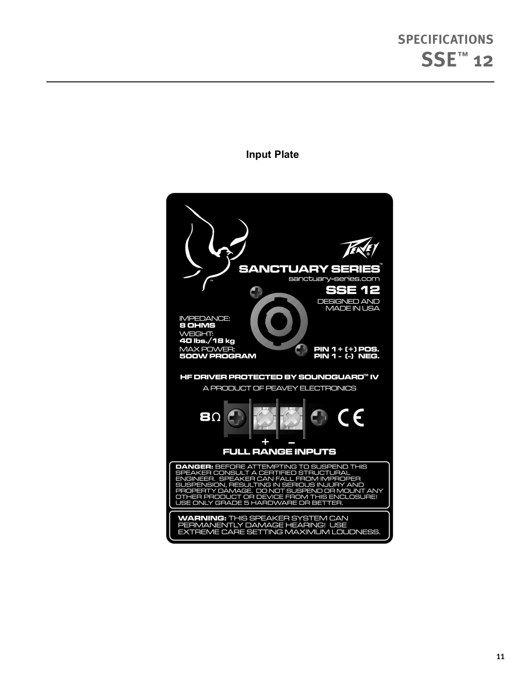 Peavey SSE 12 specifications Input Plate 