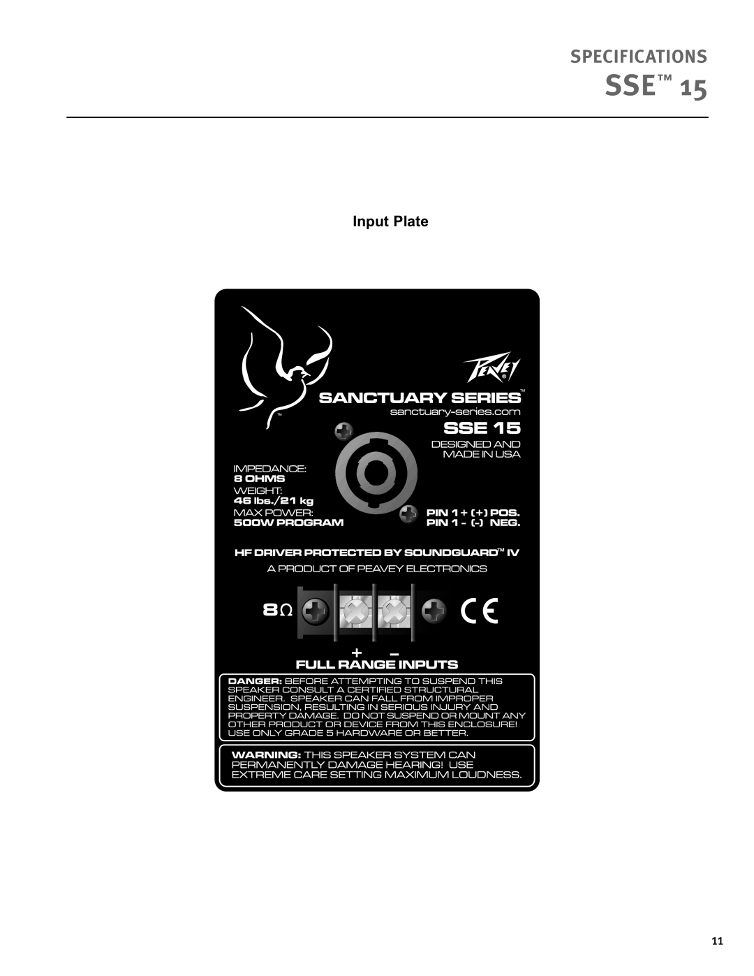 Peavey SSE 15 specifications Input Plate, Specifications 