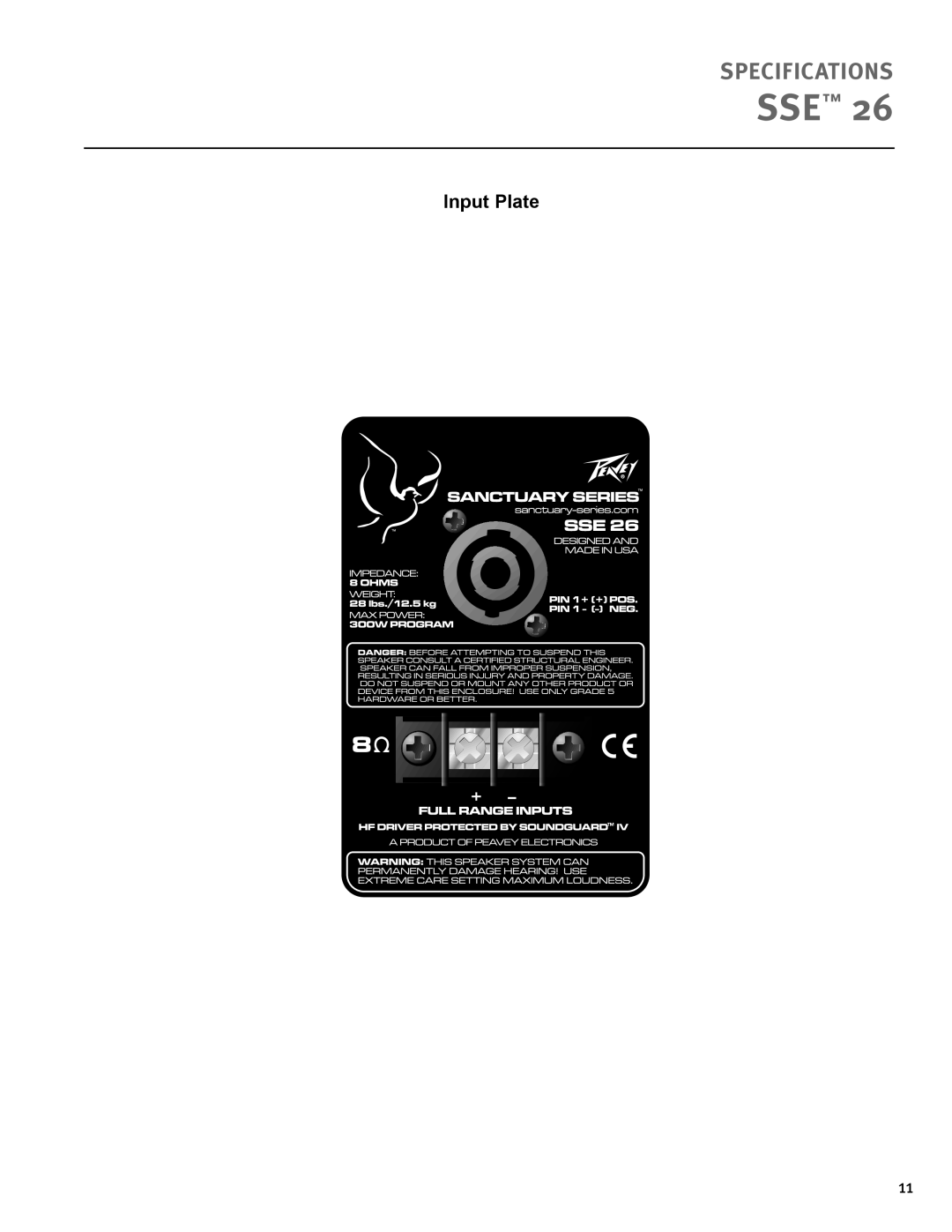 Peavey SSE 26 specifications Input Plate 