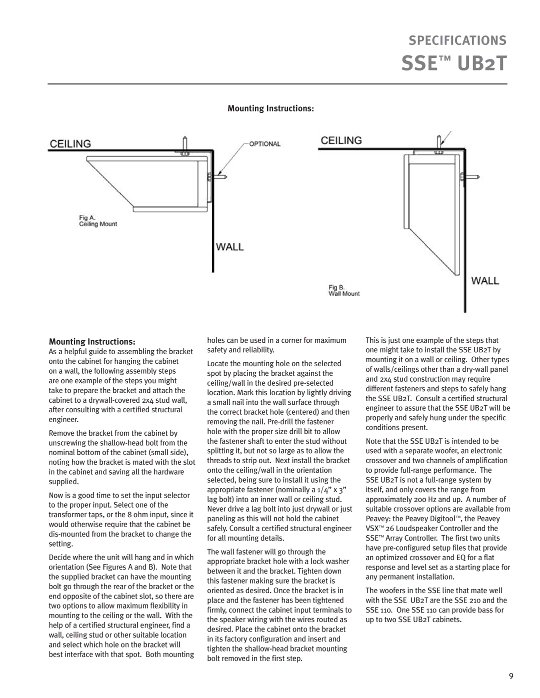 Peavey SSE UB2T specifications Mounting Instructions 