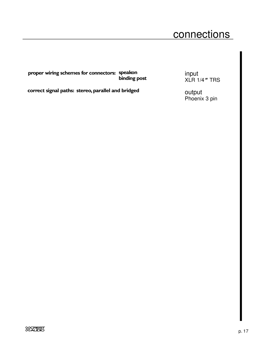 Peavey LT Series, ST Series Connections, Input, Output, Proper wiring schemes for connectors speakon binding post 