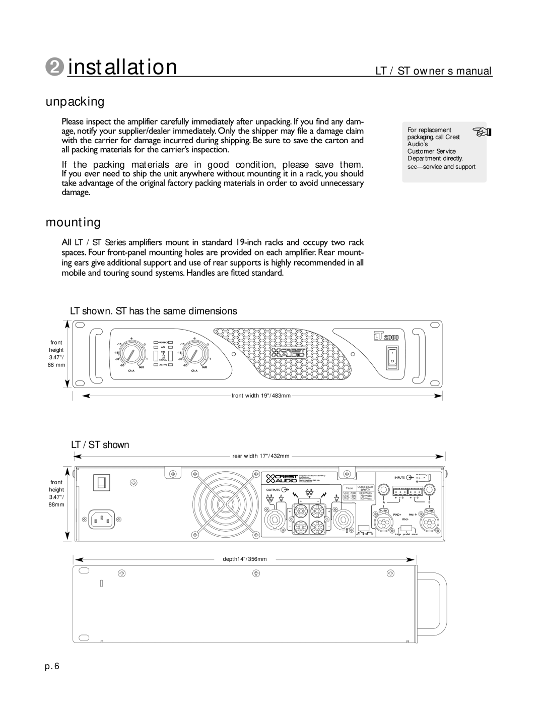 Peavey ST Series, LT Series owner manual Unpacking, LT shown. ST has the same dimensions, LT / ST shown 