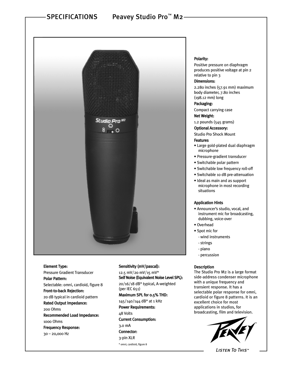 Peavey Studio Pro M2 specifications Specifications 