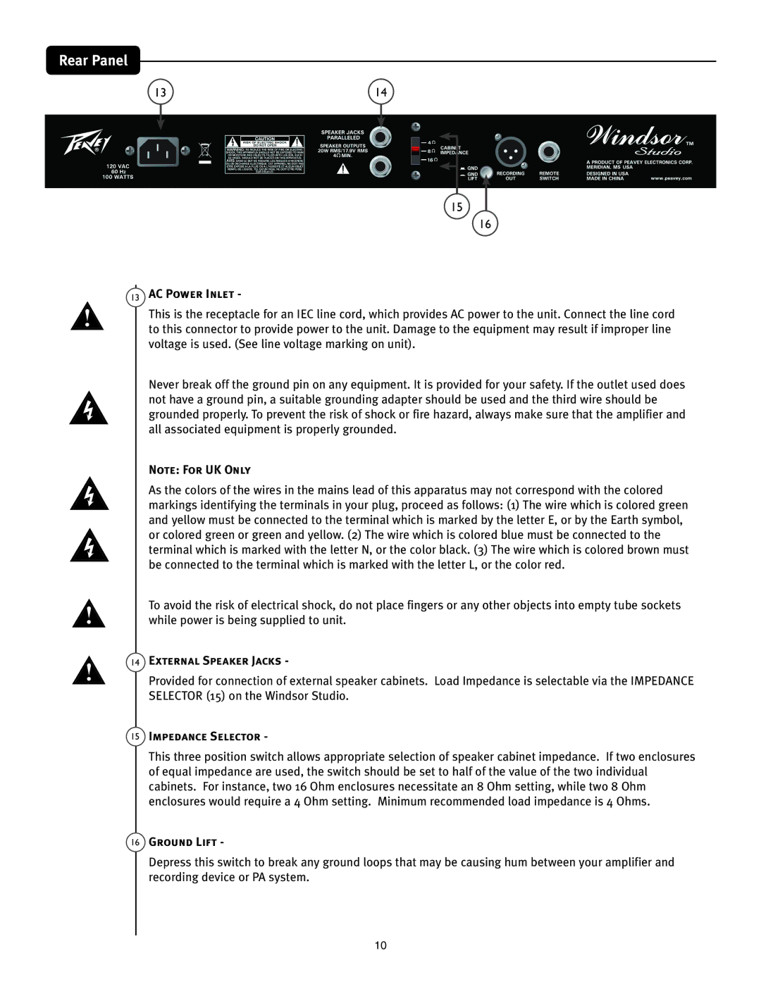 Peavey Studio manual AC Power Inlet, External Speaker Jacks, Impedance Selector, Ground Lift 