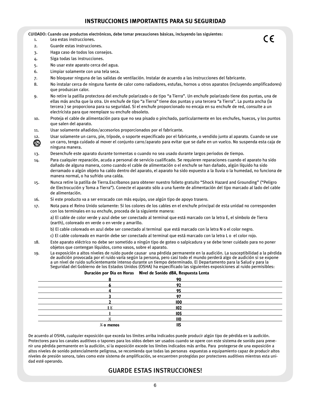 Peavey Studio manual Instrucciones Importantes Para SU Seguridad, Nivel de Sonido dBA, Respuesta Lenta, ⁄ 4 o menos 