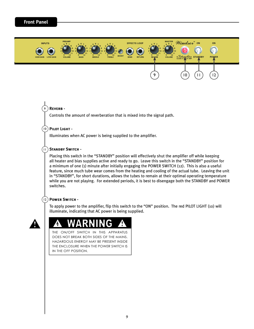 Peavey Studio manual Reverb, Pilot Light, Standby Switch, Power Switch 