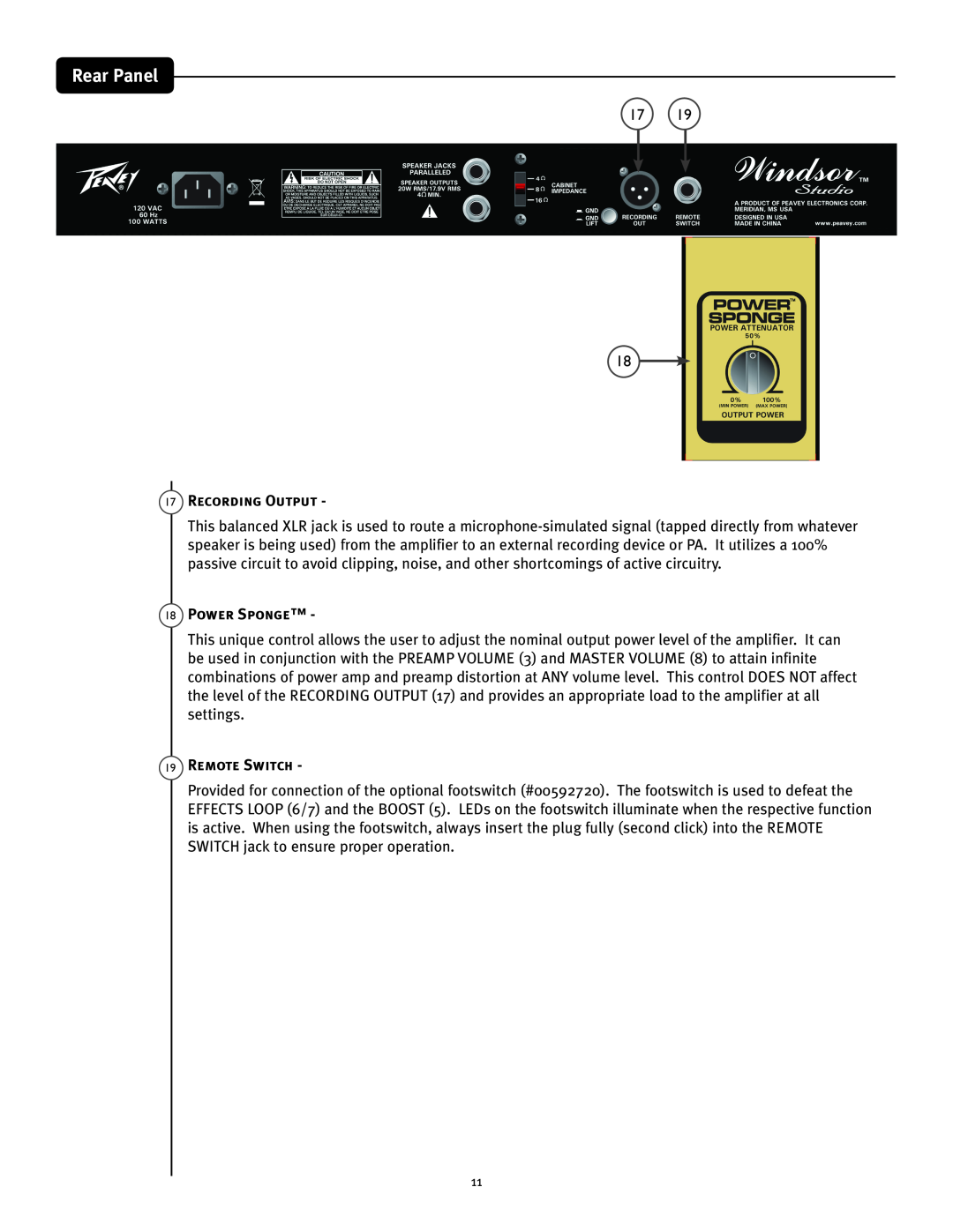 Peavey Studio manual Rear Panel, 17Recording Output, 18Power Sponge, 19Remote Switch 