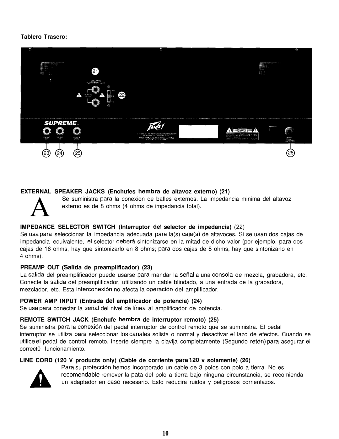 Peavey Supreme manual Preamp OUT Salida de preamplificador, Power AMP Input Entrada del amplificador de potencia 