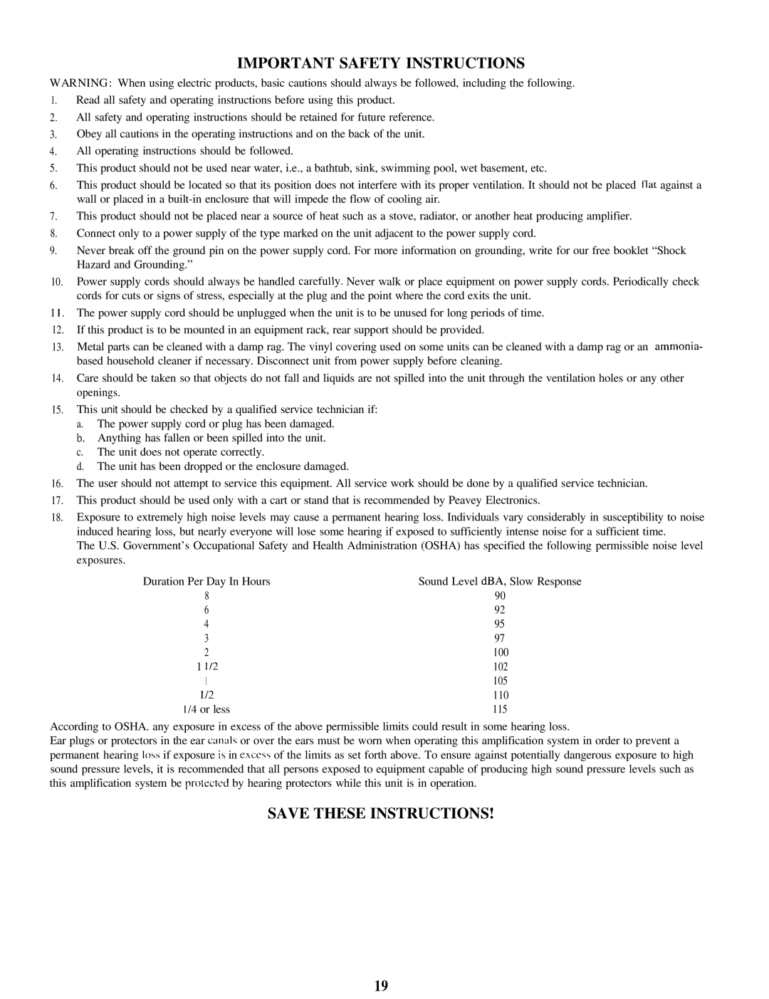 Peavey Supreme manual Important Safety Instructions 