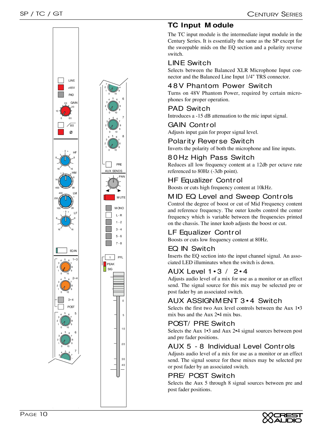 Peavey GT owner manual TC Input Module, Polarity Reverse Switch, HF Equalizer Control, MID EQ Level and Sweep Controls 