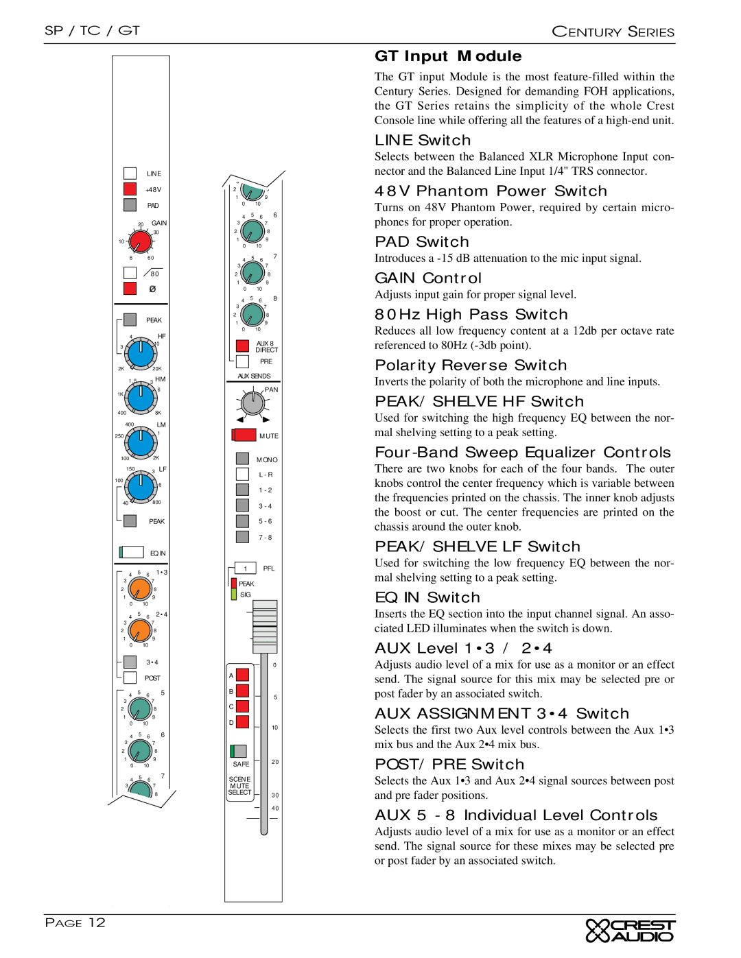 Peavey TC owner manual GT Input Module, PEAK/SHELVE HF Switch, Four-Band Sweep Equalizer Controls, PEAK/SHELVE LF Switch 