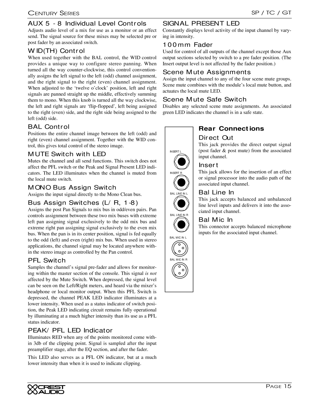 Peavey GT, TC owner manual Width Control, BAL Control, PEAK/PFL LED Indicator 