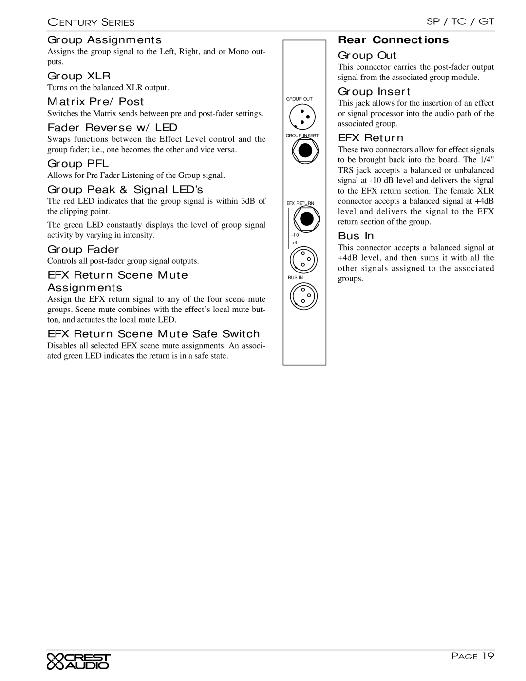 Peavey GT, TC owner manual Group XLR, Matrix Pre/Post, Fader Reverse w/LED, EFX Return Scene Mute Assignments, Bus 