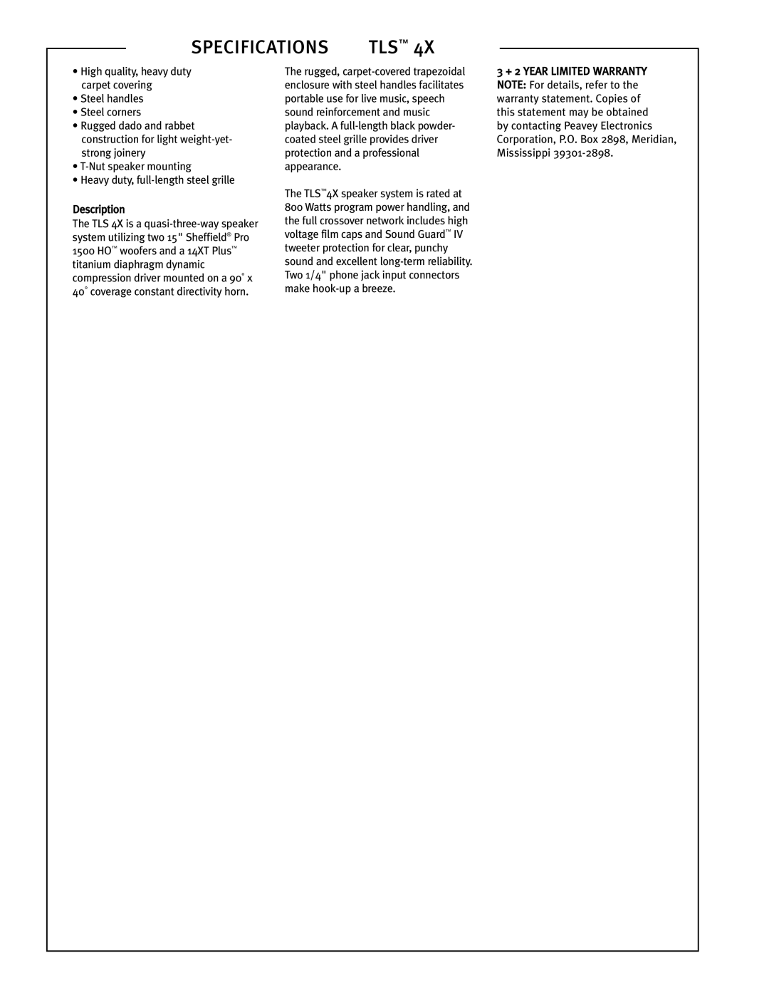 Peavey TLS-4X specifications Specifications TLS 