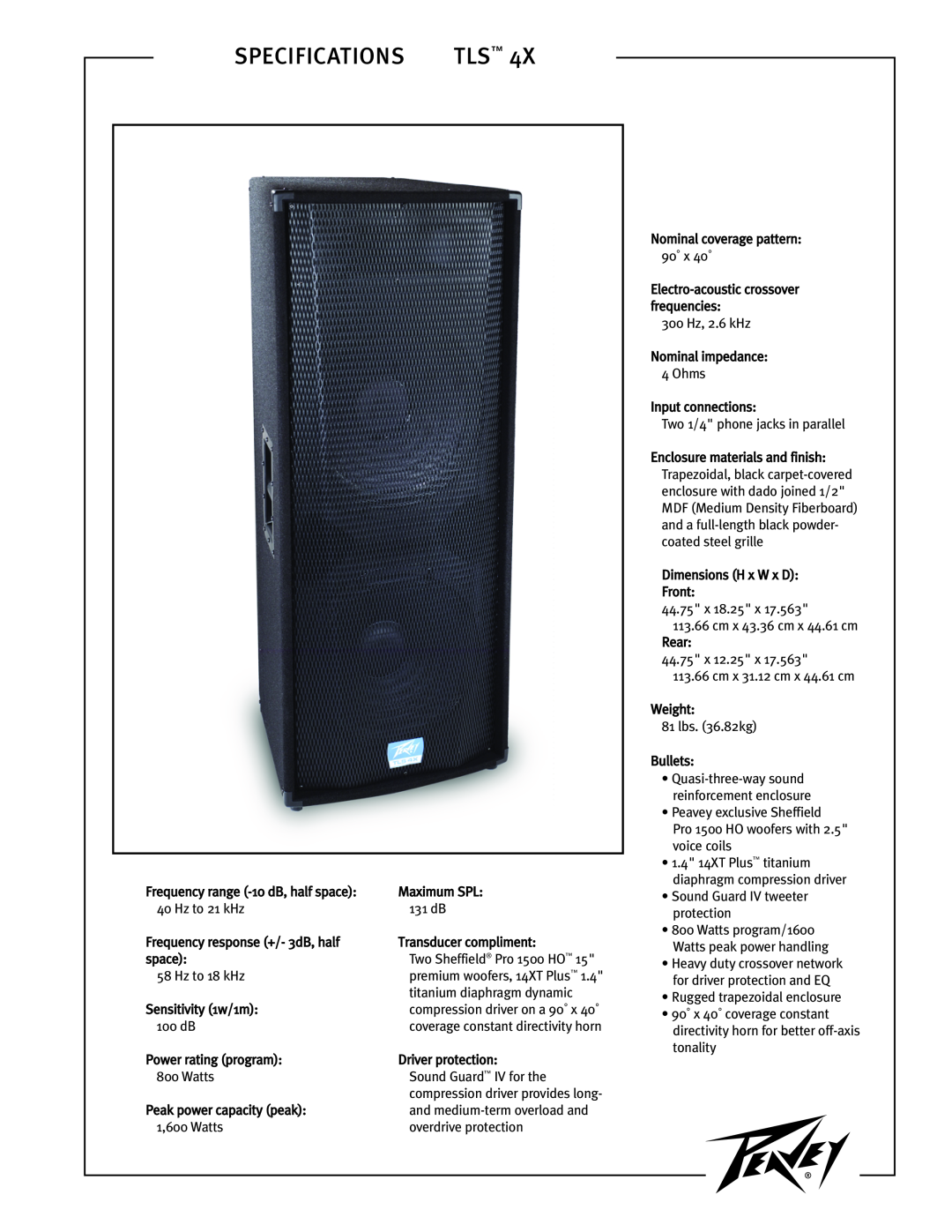 Peavey TLS-4X specifications Specifications 