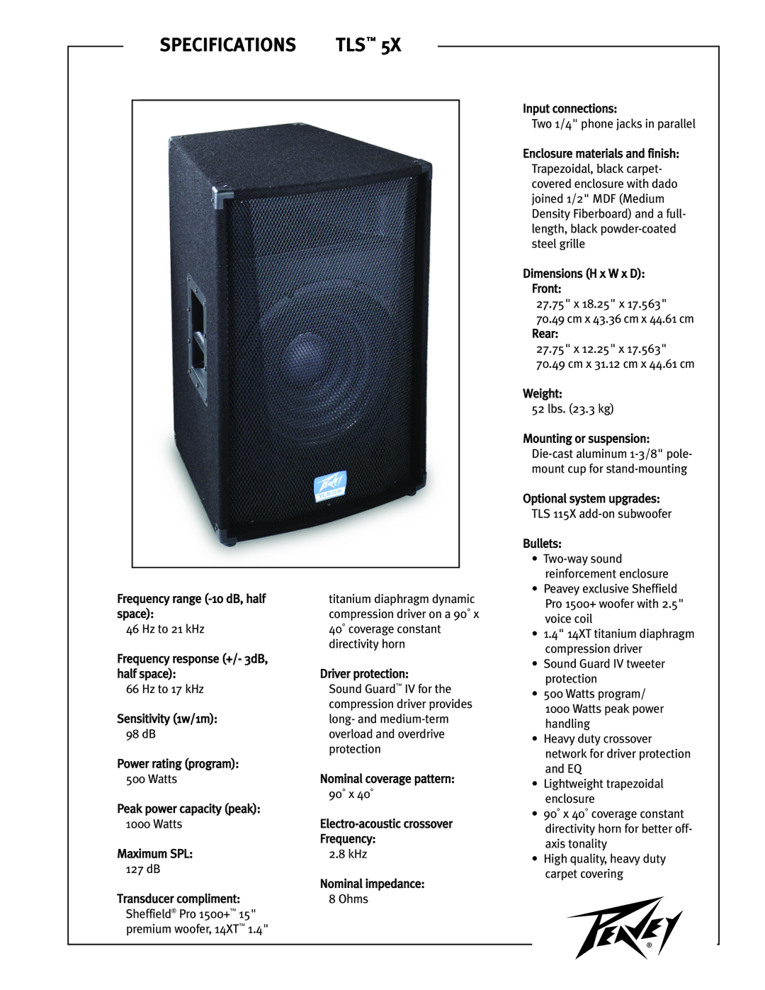 Peavey TLS-5X manual Specifications TLS 