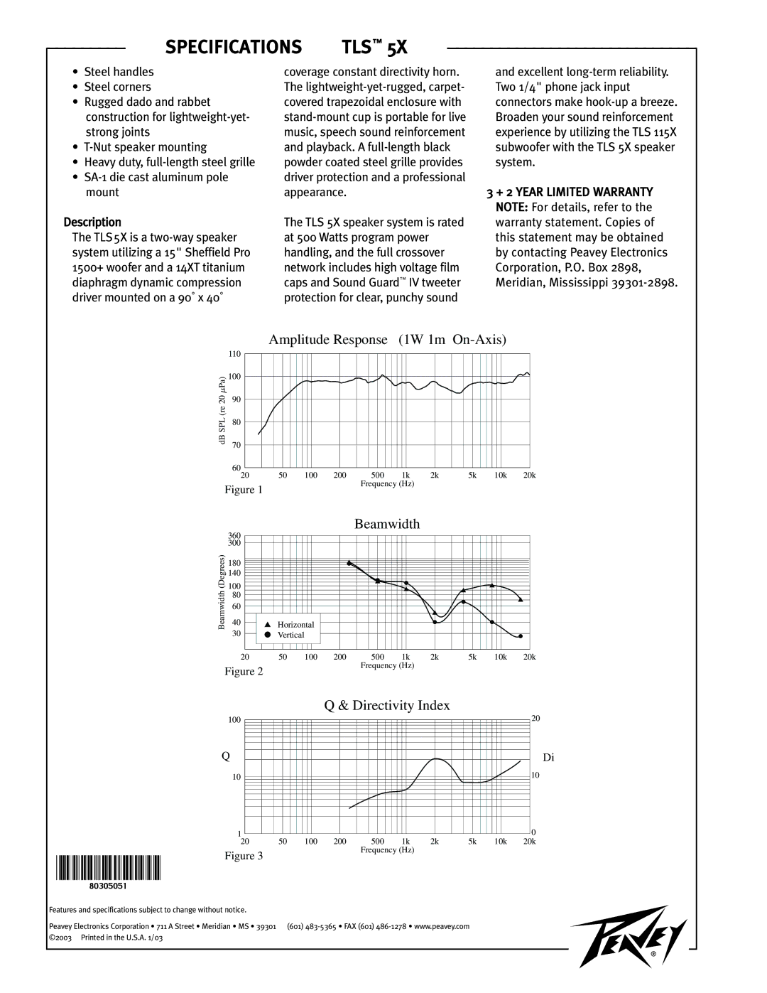 Peavey TLS-5X manual Amplitude Response 1W 1m On-Axis, Beamwidth, Directivity Index 