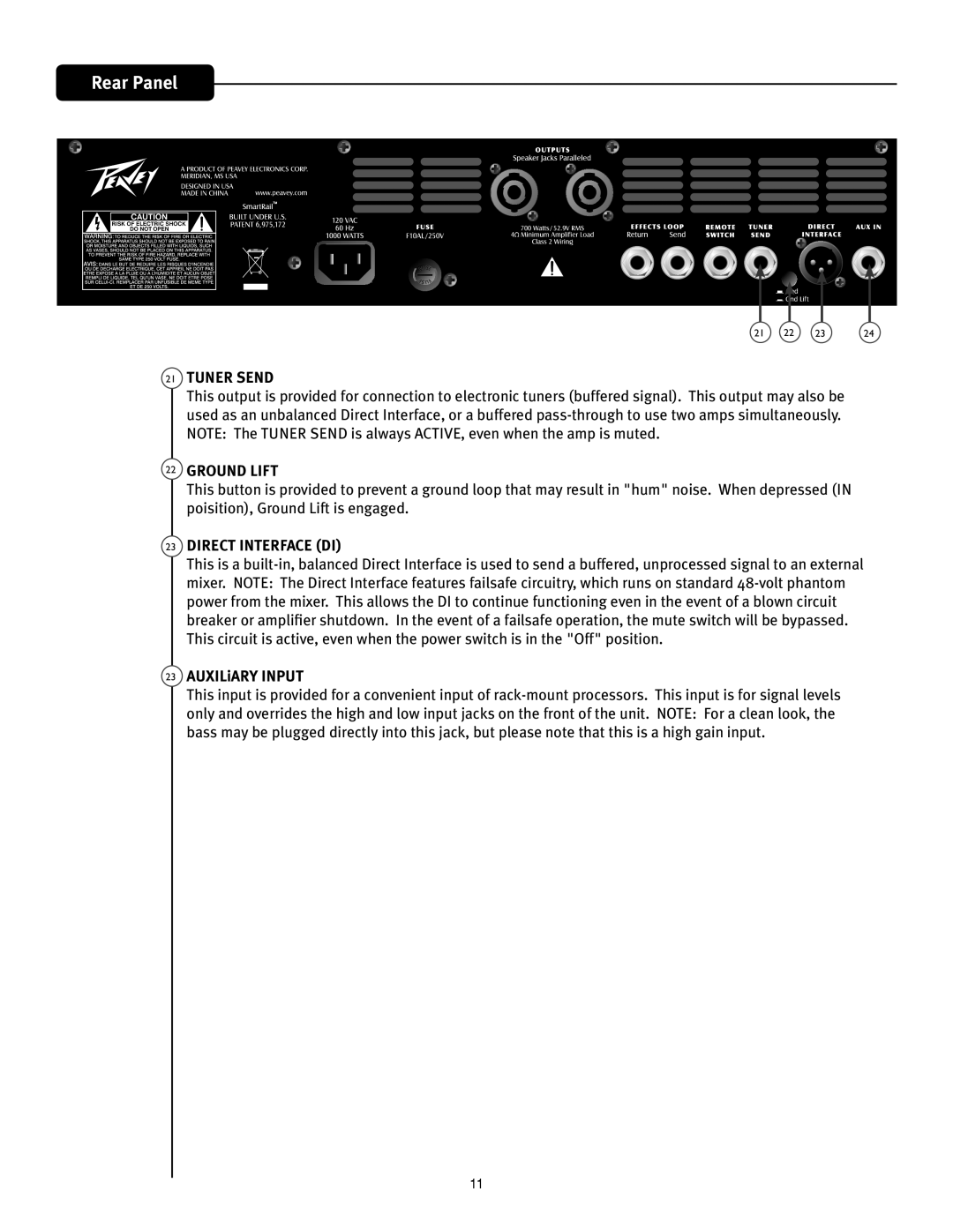 Peavey TourTM Series manual Tuner Send, Ground Lift, Direct Interface DI 