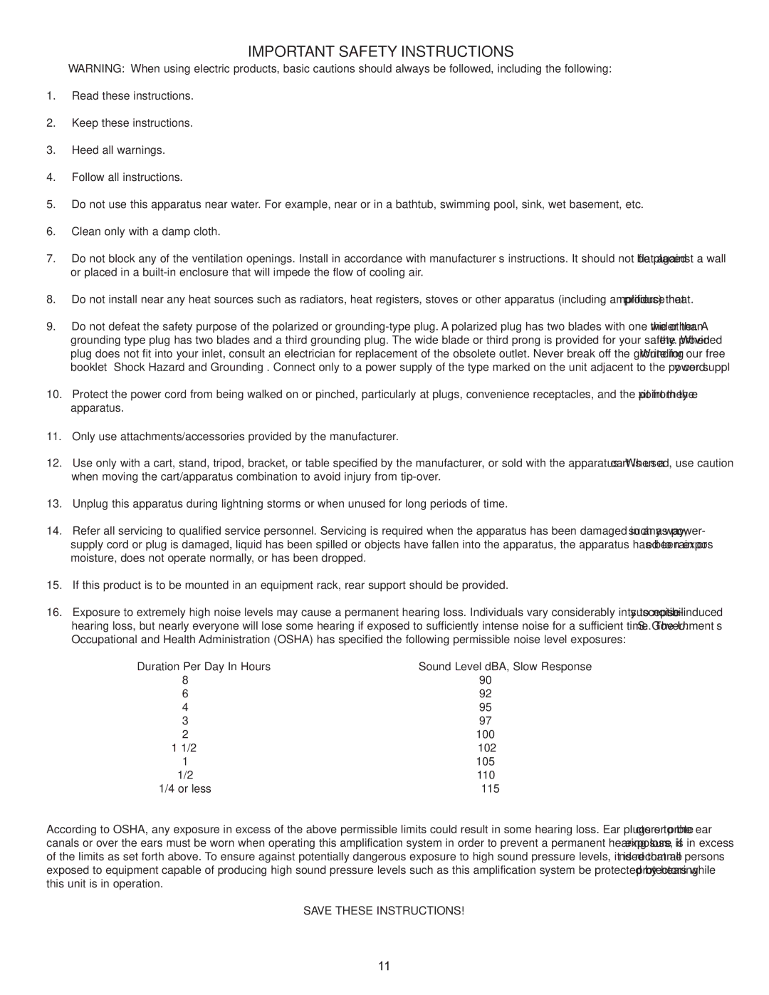 Peavey TransChorus 210 manual Important Safety Instructions 