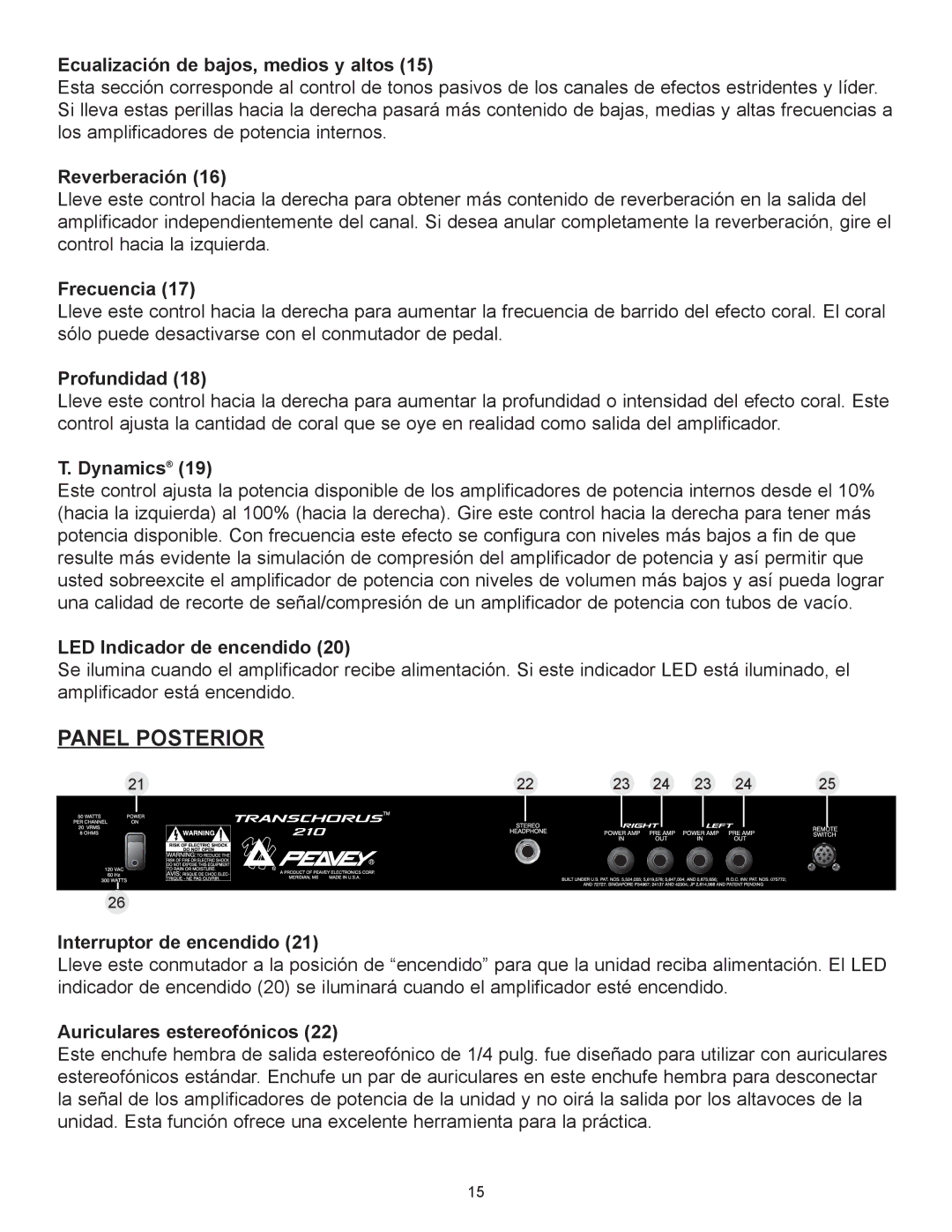 Peavey TransChorus 210 manual Panel Posterior 